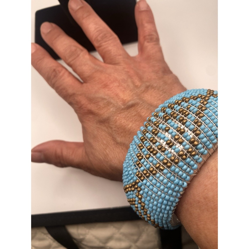 Handcrafted Blue And Golden Brown Bead Bracelet Cuff Bangle